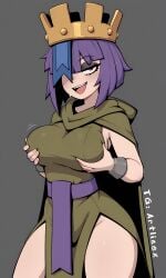 1girls ai_generated archer_queen_(clash_of_clans) archer_queen_(clash_royale) archer_queen_penny_(brawl_stars) brawl_stars breasts_grab breasts_out cape clash_(series) clash_of_clans clash_royale crazy eyes_half_open female female_only heavy_breathing holding_breast hood large_breasts midriff nipples open_clothes open_mouth penny_(brawl_stars) purple_hair showing_breasts simple_background smile thighs white_background