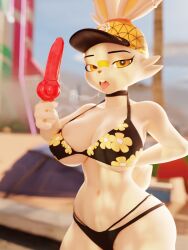 3:4 3d beach big_breasts big_butt bikini blender_(artwork) blender_cycles_(artwork) bodily_fluids breasts butt clothing digital_media_(artwork) female food generation_8_pokemon hi_res looking_at_viewer mereo nintendo pokemon pokemon_(species) popsicle saliva saliva_string scorbunny solo swimwear two-piece_swimsuit