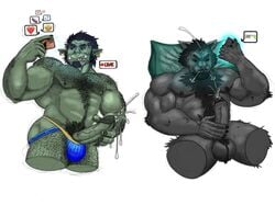 big_muscles bodily_fluids body_hair canid canine canis chest_hair clothing cum cumshot dark-skinned_male dark_skin ejaculation gay genital_fluids genitals hi_res humanoid humanoid_penis jockstrap livestream male male/male male_only mammal muscular muscular_male orc orc_humanoid orc_male orgasm penis phone piercings social_media tongue underwear wolf