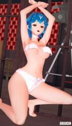 1girls arrancon bao_(vtuber) blue_hair cage camera half-dressed half_naked half_naked_female inside_cage pose posing red_eyes solo_female underboob