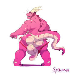 1boy 5_fingers anthro anus ass back_muscles balls biceps big_balls big_butt big_muscles big_penis bottomwear bubble_butt claws clothing dragon fingers flaccid genitals hi_res huge_balls huge_cock humanoid_penis looking_back male male_only muscular muscular_male nude open_mouth penis pink_body pink_scales puffy_anus purple_body purple_scales quads raised_tail rear_view scales simple_background solo spedumon surprise thong torn_bottomwear torn_clothing torn_underwear uncut underwear wardrobe_malfunction white_background