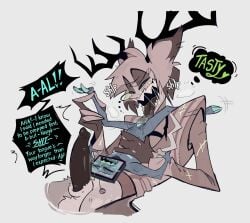 2boys 2d alastor_(hazbin_hotel) assjob belly_bulge blush closed_eyes craxkers fangs feral feral_form full_demon_form hard_cock hazbin_hotel moaning open_mouth sharp_teeth size_difference soft_shading text_bubble tongue_licking tongue_out vox_(hazbin_hotel) yaoi