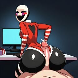 1boy :d ai_generated animatronic animatronic_female ass_focus bedroom big_ass black_body christmas christmas_leotard christmas_outfit computer cum cum_shot cutout desk eyelashes female five_nights_at_freddy's five_nights_at_freddy's_2 fluffy_collar gift_box hotdogging hotdogging_ass human human_male indoors leotard looking_over_shoulder male male_pov marionette_(fnaf) masked masked_female no_eyes no_hair pc pixai puppet_(fnaf) red_blush red_cheeks red_leotard slim_waist striped_legs striped_sleeves tear_streaks
