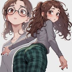 ai_generated ass ass_focus brown_eyes brown_hair bubble_ass circle_glasses cute female female_focus female_only geek glasses kyokalovesxo light-skinned_female light_skin moles nerd nerdy_female pajama_pants pajamas pale-skinned_female petite petite_body petite_female pretty_face round_butt shoulder_length_hair skinny small_breasts soft younger_female