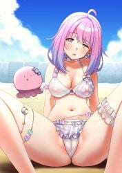 absurdres ahoge bare_shoulders bikini blue_sky blush bow bow_bikini breasts cameltoe cloud cloudy_sky collarbone commentary covered_erect_nipples day earrings female frilled_bikini frilled_thigh_strap frills gradient_hair green_eyes heterochromia highres himemori_luna hololive jewelry looking_at_viewer medium_hair multicolored_hair navel o-ring o-ring_bikini o-ring_top o3o open_mouth outdoors pink_eyes pink_hair polka_dot polka_dot_bikini sitting sky solo spread_legs star_(symbol) star_earrings stomach swimsuit thigh_strap thighlet thighs two-tone_hair uneven_eyes virtual_youtuber white_bikini white_bow zabudog777