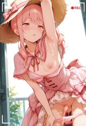 1boy 1femboy 3067314354210 ai_generated akiyama_mizuki arm_up armpit balls camera_hud civitai crossdressing cum_in_panties cum_on_armpit dress femboy feminine_male frilled_dress girly male nipple nipple_out nipple_slip no_bra panties_down penis pink_eyes pink_hair pink_panties project_sekai straw_hat striped_panties testicles trap