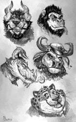 5:8 absurd_res anthro ape ball_gag beard benjamin_clawhauser bodily_fluids canid canine chief_bogo chumbasket clothing cum cum_on_face disney facial_hair facial_piercing floppy_ears gag gagged genital_fluids haplorhine hat headgear headwear hi_res horn lip_piercing lip_ring male male_anthro mammal monochrome mouth_closed nose_piercing nose_ring open_mouth piercing primate ring_piercing scalie septum_piercing septum_ring simple_background sketch_page solo zootopia