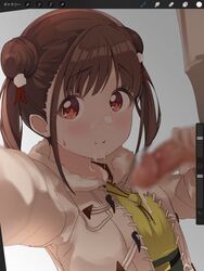 adorable after_fellatio baby_face bangs beige_jacket belt blush breasts brown_hair censored cute double_bun facial female gradient gradient_background green_skirt grey_background handjob idolmaster idolmaster_shiny_colors jewelry large_breasts long_hair long_sleeves looking_at_viewer misekai_555 necklace outstretched_arm penis puffy_cheeks red_eyes self_shot shirt short_twintails skirt smile solo sonoda_chiyoko twintails yellow_shirt