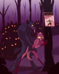 1girls angry female fluttershythekind fog forest furry glowing_eyes madeline_gevaudan male male/female many_on_one muscular muscular_male sign skinny_girl tail text werewolf