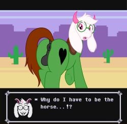 absurd_res anus backsack badumsquish balls bovid cactus caprine cutie_mark deltarune desert dialogue_box dock_(anatomy) equid equine eyewear fangs feral fur genitals glasses goat green_body hasbro heart_symbol hi_res horn horse horsei looking_back male male_only mammal my_little_pony open_mouth outside perineum pink_eyes plant ponification pony presenting puffy_anus raised_tail ralsei round_glasses saddle solo surprised tack tail teeth undertale_(series) white_body white_fur