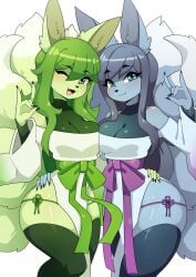 2girls \\\\m/ anthro blue_eyes canid canine commission female female_only green_body green_eyes green_hair grey_body hand_on_another's_hip hi_res j5daigada japanese_clothes kitsune long_hair looking_at_viewer multi_tail smiling smiling_at_viewer tail thick_thighs thighhighs wide_hips wink winking_at_viewer wolf_ears wolf_girl wolf_tail