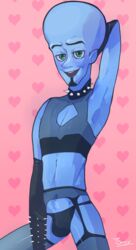 1boy artist_request bald blue_skin bulge dreamworks femboy gay green_eyes lingerie male male_only megamind megamind_(character) solo tagme yaoi