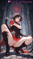 1girls 2025 ai_generated black_footwear black_gloves black_hair boots breasts breasts_out cape corset female_only fingerless_gloves gloves hand_up hi_res high_heels highres knee_boots looking_at_viewer medium_breasts miniskirt natsuyoru nipples no_panties patreon pleated_skirt pussy red_cape red_eyes red_hair ruby_rose rwby rwby_ice_queendom short_hair skirt smile solo spread_legs squatting stained_glass torn_clothes uncensored vagina voluptuous voluptuous_female