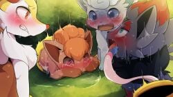 4girls @_@ all_the_way_through alolan_vulpix animal_sexualization black_fur blue_eyes braixen breasts brown_eyes brown_fur clenched_teeth dagasi fangs furry furry_female heart heart_in_eye highres medium_breasts multiple_girls oerba_yun_fang open_mouth parted_lips pokemon pokemon_(creature) portal_(object) red_eyes sylveon symbol_in_eye tearing_up teeth tongue tongue_out vulpix white_fur yellow_fur zorua