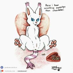 3_toes anthro anus bandai_namco blue_eyes crotch_lines digimon digimon_(species) feet felid feline female foot_fetish fur gatomon genitals hi_res legs_in_air looking_at_viewer mammal open_mouth open_smile patreon patreon_logo patreon_username pawpads paws pink_nose pink_pawpads presenting presenting_vulva pussy smile smiling_at_viewer solo spread_legs spreading text toes traditional_media_(artwork) url vulva white_body white_fur yordraw
