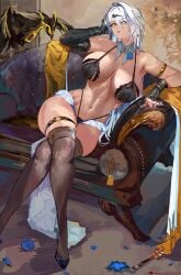 1girls absurdres armlet asymmetrical_gloves bare_shoulders black_bra black_gloves black_panties black_thighhighs bra breasts cleavage closed_mouth elbow_gloves female fingerless_gloves foot_out_of_frame gloves hair_between_eyes hair_ornament highleg highleg_panties highres jewelry large_breasts long_hair looking_at_viewer loooyd mismatched_gloves mole mole_on_breast nail_polish navel panties purple_nails sitting solo stomach thigh_strap thighhighs thighs underwear white_hair yellow_eyes yixuan_(zenless_zone_zero) zenless_zone_zero