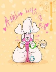 2020 absurd_res anal anal_beads anal_beads_in_ass anal_sex anthro ass blushing_profusely bodily_fluids bottom_heavy breasts canid canine canis cleavage closed_eyes clothed clothing cum_meter curling_tail ding_(sound) domestic_dog ejaculation exercise_clothing female female_orgasm floppy_ears front_view fur genital_fluids heart_background heart_symbol hi_res intense_orgasm kaboozey legs_up leotard looking_pleasured mammal meter moan object_in_ass onomatopoeia open_mouth orgasm orgasm_meter penetration pink_clothing pink_leotard pink_text poodle poofy_hair pooh_(kaboozey) pubes pussy sex_toy sex_toy_in_ass sex_toy_in_vagina sex_toy_insertion shaking_legs shaking_orgasm simple_background sitting solo sound_effects sweat tail text thick_thighs translucent translucent_clothing vaginal_fluids vaginal_fluids_on_ground vaginal_penetration vaginal_squirting vibrator vibrator_in_vagina white_body white_fur