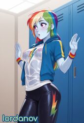 (eg) (mlp) 1girls ai_generated blue breasts clothed clothes colored dash equestria female friendship girl girls hair hasbro indoors iordanov is little long magic medium multicolored my nipple_piercing nipples nipples_visible_through_clothing pants perfect_body pony rainbow sexy skin solo solo_female teenage teenager wet wet_clothes wet_clothing yoga young