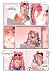 2girls animal_ears arknights ass bottomless ceylon_(arknights) female_only french_kiss paddle ridu2 schwarz_(arknights) spank_marks tears text
