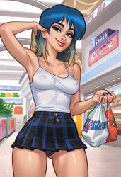 1girls 2d 2d_(artwork) ai_generated bench blue_hair breasts cameltoe civitai cleavage digital_drawing_(artwork) earrings eve_(summertime_saga) female female_focus female_only kiwimike light-skinned_female light_skin looking_at_viewer medium_breasts nipples nipples_visible_through_clothing outdoors outside panties pussy pussy_lips pussy_peek see-through see-through_clothing see-through_top skirt standing summertime_saga tank_top tease teasing teenage_girl teenager underwear upskirt vagina