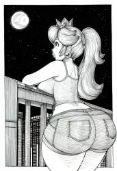 1girls ai_generated ass balcony black_and_white blonde_hair booty breasts clothing crown dat_ass dumptruck_ass enormous_ass fat_ass female female_only gigantic_ass gigantic_breasts hips huge_ass huge_breasts human human_only leaning_forward line_art lubbasdump mammal mario_(series) massive_ass mature mature_female moon moonlight nintendo princess princess_peach royalty shorts thick_thighs wide_hips