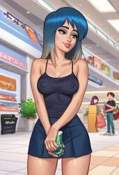 1girls 2d 2d_(artwork) ai_generated bench blue_hair breasts bubble_tea cameltoe civitai cleavage digital_drawing_(artwork) earrings eve_(summertime_saga) female female_focus female_only kiwimike light-skinned_female light_skin medium_breasts nipples nipples_visible_through_clothing outdoors outside skirt standing summertime_saga tank_top teenage_girl teenager