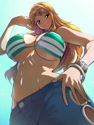 1girls big_breasts bikini bikini_top breasts female jeans log_pose long_hair low-angle_view nami_(one_piece) one_piece orange_hair orange_hair_female pants sasaki_tatsuya solo