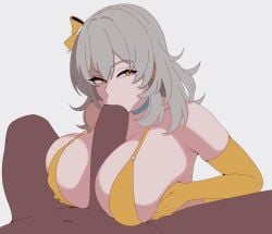 1boy 1girls bikini bikini_top blowjob dark-skinned_male dark_skin elbow_gloves fellatio female grey_hair honkai:_star_rail light-skinned_female light_skin male oral oral_sex paizufella paizuri recentstararts stelle_(honkai:_star_rail) unseen_male_face white_background wip yellow_eyes