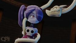 3d animated black_background blue_hair blue_skin breast_sucking breasts clothing cumminham dark_background female leviathan_(skullgirls) monster_girl restrained skullgirls sound squigly tagme twintails voice_acted video zombie