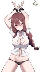 1girls arm_above_head arm_up arms_above_head arms_up bare_arms bare_belly bare_hands bare_hips bare_legs bare_navel bare_skin bare_thighs belly belly_button black_panties black_thong black_underwear braid braided_hair braided_ponytail breasts brown_eyebrows brown_hair brown_hair_female cleavage closed_mouth_smile cuffed exposed_arms exposed_belly exposed_hips exposed_legs exposed_navel exposed_skin exposed_thighs eyebrows_visible_through_hair female female_focus female_only fingers groin hair_between_eyes hand_above_head hand_up hands_above_head hands_up head_tilt high_resolution highres hourglass_figure lanthan large_breasts lean_figure long_hair looking_at_viewer midriff narrow_waist navel nervous nervous_expression nervous_face nervous_female nervous_smile original original_art original_artwork original_character panties ponytail red_eyes red_eyes_female shirt shy shy_expression shy_smile simple_background slender_body slender_waist slim_waist smile smiley_face smiling smiling_at_viewer smirk solo standing thick_thighs thighs thong tilted_head underwear upper_body white_background white_shirt white_topwear wide_hips
