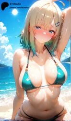 1girls ai_generated beach bikini blonde_hair blue_eyes blush breasts bsworks female gradient_hair ksenia_(bsworks) medium_breasts medium_hair original original_character russian wet_body
