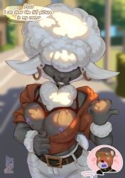 2025 5_fingers absurd_res anthro areola belt biped bottomwear bovid breasts brown_body brown_fur caprine clenched_teeth clothed clothed_anthro clothed_female clothing cocoline_(artist) day digital_media_(artwork) duo exposed_breasts female fingers front_view fully_clothed fully_clothed_anthro fully_clothed_female fur grey_body hat headgear headwear hi_res mammal nipple_piercing nipples no_bra outside pants piercing rope sheep smile standing tail teeth topwear white_tail wool_(fur)