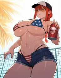 1girls ai_generated alternate_body_type alternate_breast_size amaimuse american_flag_bikini bare_stomach beach big_breasts bikini braid breasts cap chainsaw_man curvaceous curvy curvy_figure denim_shorts dr.pepper female female_only holding_object large_breasts long_hair makima_(chainsaw_man) midriff navel outdoors red_hair shorts solo sunglasses sweat sweatdrop thick_thighs underboob voluptuous wide_hips yellow_eyes