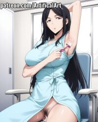 1girls ai_generated armpits artifical_art black_hair clitoris cum_in_pussy eye_bags hands_behind_head hospital hospital_gown light-skinned_female light_skin long_hair mature mature_female milf mommy mother park_kyung_hye perfect_body purple_eyes pussy shaving_armpits solo solo_leveling