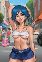 1girls 2d 2d_(artwork) ai_generated bench blue_hair breasts civitai cleavage digital_drawing_(artwork) earrings eve_(summertime_saga) female female_focus female_only kiwimike light-skinned_female light_skin looking_at_viewer medium_breasts nipples nipples_visible_through_clothing outdoors outside see-through see-through_clothing see-through_top skirt standing summertime_saga tank_top tease teasing teenage_girl teenager underwear