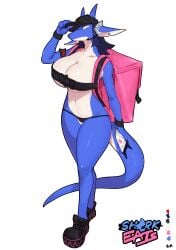 2025 absurd_res anthro backpack biped blue_body blue_hair blue_skin blue_tail breasts buta99 cellphone claws clothed clothed_anthro clothed_female clothing countershade_torso countershading digital_media_(artwork) electronics female finger_claws fingers fish footwear front_view hair hat headgear headwear holding_cellphone holding_object holding_phone looking_at_viewer marine navel non-mammal_breasts panties phone sanger_(buta99) shark shoes simple_background solo tail underwear white_background