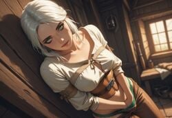 ai_generated cd_projekt_red ciri clothing female green_eyes hand_in_panties light-skinned_female looking_at_viewer mascara masturbation panties scar solo solo_female standing_masturbation the_witcher_(series) the_witcher_3:_wild_hunt upandatom white_hair