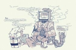 1boy1girl 2025 anthro blush boner boner_in_pants computer computer_head dialogue erection_under_clothes female heydeliveant male monochrome overheating p.ai.nter_(pressure) penis penis_under_clothes pressure_(roblox) roblox robot robot_anthro robot_boy screen_face tagme