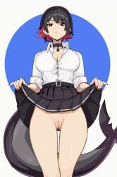 1girls alt_text animated artist_name ass_visible_through_thighs belt black_belt black_choker black_hair black_skirt blue_background breasts choker cleavage clothes_lift colored_nails commentary distr ear_piercing ellen_joe ellen_joe_(on_campus) english_commentary female fins fish_tail hand_on_own_hip highres large_breasts lifting_own_clothes multicolored_hair no_panties official_alternate_costume painted_nails piercing pleated_skirt pussy red_eyes red_hair red_nails shark_girl shark_tail shirt short_hair skirt skirt_lift solo tagme tail tail_wagging two-tone_background two-tone_hair video white_background white_shirt zenless_zone_zero
