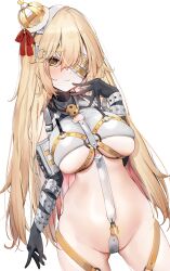 absurdres bare_shoulders black_gloves blonde_hair bottomless breasts chest_harness closed_mouth commission cosplay cowboy_shot crown dohna_dohna elbow_gloves eyepatch female gloves grey_shirt hand_up harness highres large_breasts long_hair looking_at_viewer no_bra original poharo porno_(dohna_dohna) porno_(dohna_dohna)_(cosplay) revealing_clothes shirt simple_background skindentation sleeveless sleeveless_shirt solo stomach underboob very_long_hair white_background yellow_eyes