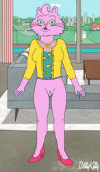 2020 absurd_res accurate_art_style anthro bodily_fluids bojack_horseman bottomless breasts clothed clothing cum cum_in_pussy cum_inside detailed_background digital_media_(artwork) dirtykitty domestic_cat felid feline felis female fingers footwear fur genital_fluids genitals hair hi_res high_heels jewelry looking_at_viewer mammal necklace nude open_mouth princess_carolyn shocked shoes solo surprise topwear