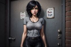 ai_generated black_and_white_stripes black_hair black_jeans door female making_a_porno malin_svarre_(character) modelling photo_shoot photo_studio unaware unsure used used_as_porn_star working