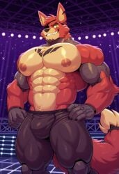 1boy abs ai_generated animatronic animatronic_male bara bara_tiddies bara_tits bulge bulge_through_clothing bulge_under_clothes civitai facial facial_hair five_nights_at_freddy's fox fox_boy fox_ears fox_humanoid fox_tail foxy_(fnaf) foxy_(kidde_jukes) fur furry furry_male furry_only hands_on_hips looking_at_viewer male male_only muscular muscular_male nipples pecs pecs_bigger_than_head red_body red_fur red_skin scar scar_on_chest shirtless shirtless_male shorts stage stage_lights tail topless yellow_eyes