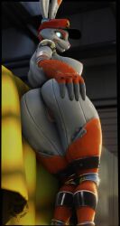 3d_(artwork) android anthro anus ass barely_visible_anus blue_eyes buckteeth clothing digital_media_(artwork) female genitals gimbal_(warfaremachine) glowing glowing_eyes grin hand_on_butt hand_on_own_butt hat headgear headwear hi_res lagomorph legs_together leporid looking_at_viewer looking_back looking_back_at_viewer machine mammal nude nude_anthro nude_female presenting presenting_hindquarters rabbit rear_view robot robot_anthro smile smiling_at_viewer solo teeth thick_thighs vladoknoaz113 vulva watermark wide_hips