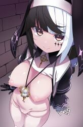 absurdres arrow_cross black_capelet black_hair borrowed_character braid braided_ponytail breasts capelet closed_mouth coif commission cross doll_joints facial_mark female from_above highres homura_shinji hourglass joints large_breasts looking_at_viewer multicolored_hair nipples nun original protected_link second-party_source skeb_commission solo stole two-tone_hair veil violet_(ac8231) white_hair yellow_eyes