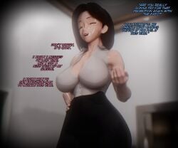 1girls 3d 3d_(artwork) black_hair breasts button_down_shirt caption cuckold cuckolding dialogue female large_breasts mature mature_female mature_woman netorare ntr oc office_lady original original_character original_characters short_hair sic_phuck skirt smiling solo solo_female solo_focus