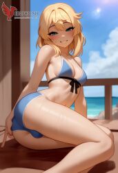1boy 2d ai_generated ass bangs barefeet big_ass bikini blonde_hair bulge erection erection_under_clothes erophoenix feet full_body green_eyes looking_at_viewer looking_back male male_focus navel nude otoko_no_ko pale_skinned_male patreon_username penis sitting smile soles solo solo_male sweat swimsuit thick thick_thighs toes uncensored