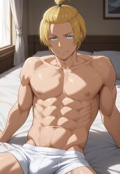 1boy abs ai_generated arm_support arthur_boyle bed boxer_briefs bsky_link bulge civitai dvxxxgrai fire_force gay illustrious_(stable_diffusion) indoors lying_on_bed male male_only navel nipples nude smile solo solo_male tagme underwear underwear_only white_boxer_briefs white_underwear yaoi