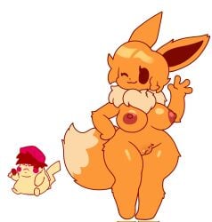 boychu_(marios_madness) brown_fur brown_hair brown_hair_female bushy_tail closed_eyes eevee eeveefriend_(marios_madness) friday_night_funkin friday_night_funkin_mod furry holding_microphone kiwines12 marios_madness orange_eyes orange_tail paws pikachu red_areola red_cheeks red_hat red_nipples sitting_down somari standing_up waving waving_at_viewer white_background white_tail_tip wink winking_at_viewer