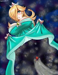 awesomeerix blonde_hair blue_dress blush boots breasts cleavage cosmic_skin dress earrings female flying galaxy giantess gloves hat huge_breasts jewelry large_breasts long_hair mario mario_(series) nintendo overalls princess_rosalina super_mario_galaxy